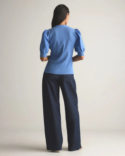 Cotton Mixed Media Puff Sleeve Top - US 5956