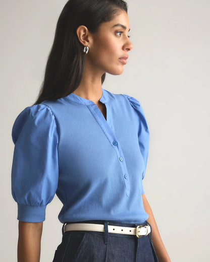 Cotton Mixed Media Puff Sleeve Top - US 5956