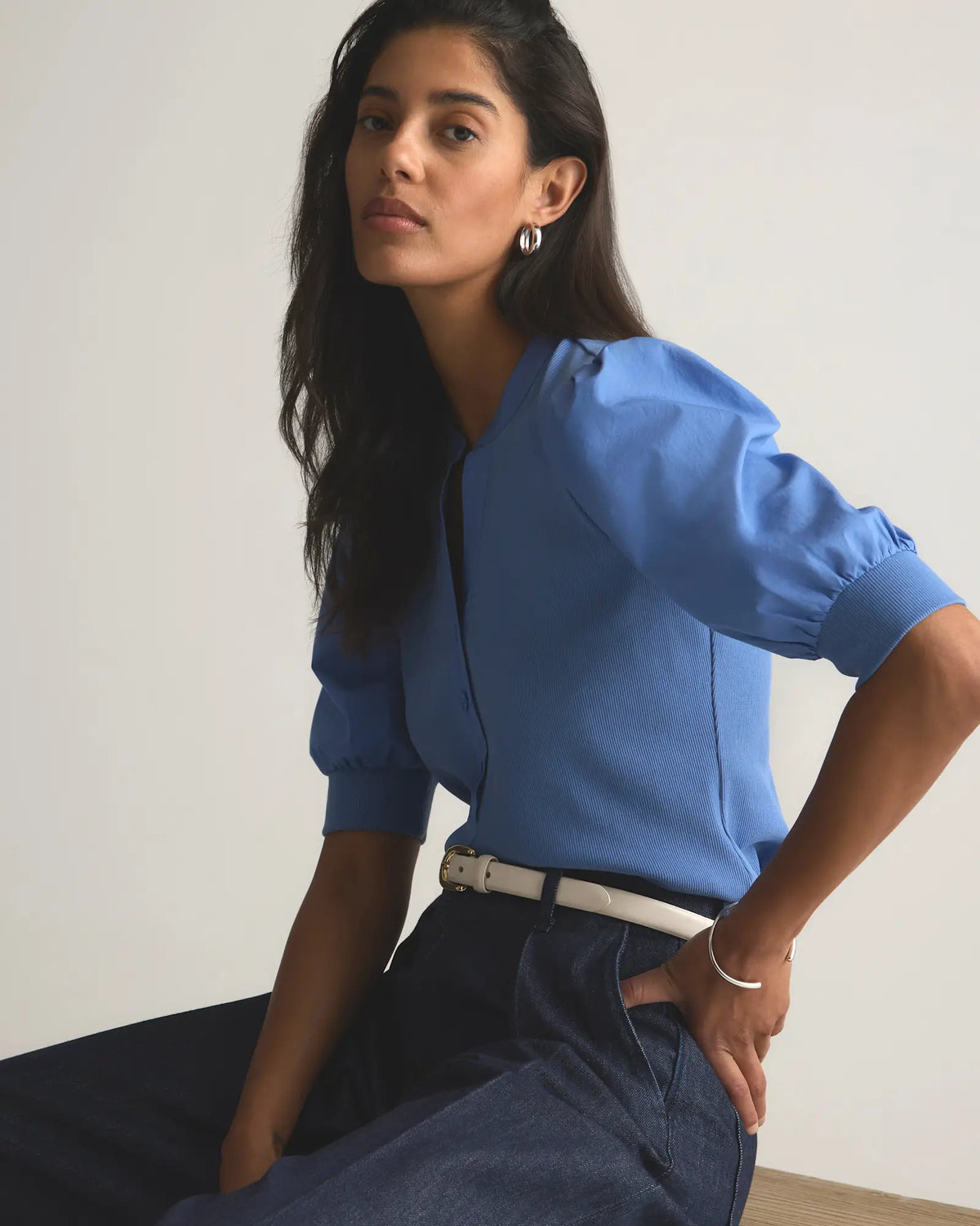 Cotton Mixed Media Puff Sleeve Top - US 5956