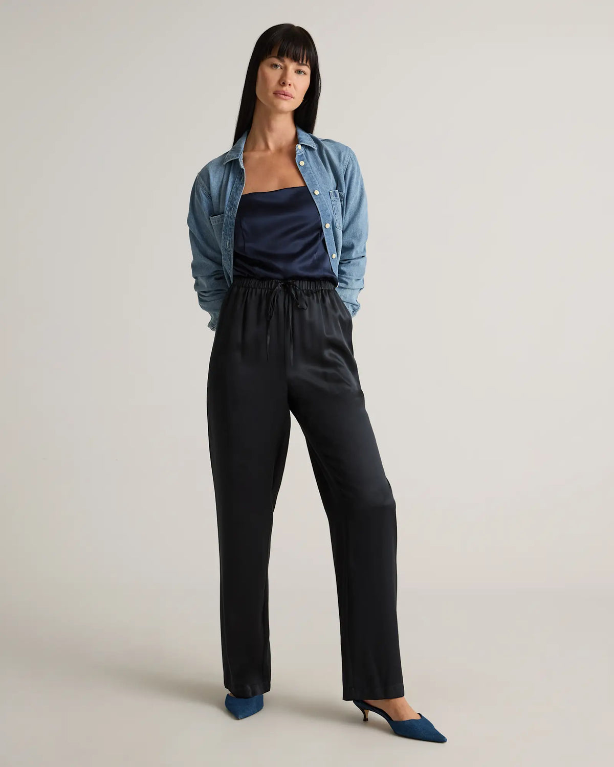 100% Washable Silk Drawstring Wide Leg Pants - US 1338