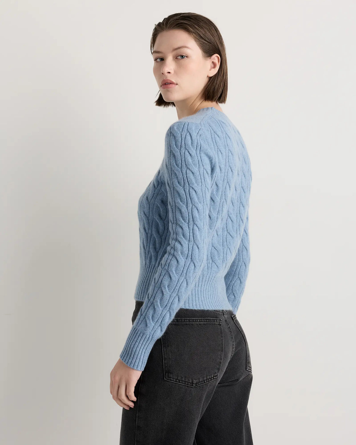 Mongolian Cashmere Shrunken Cable Crewneck Sweater - US 4808