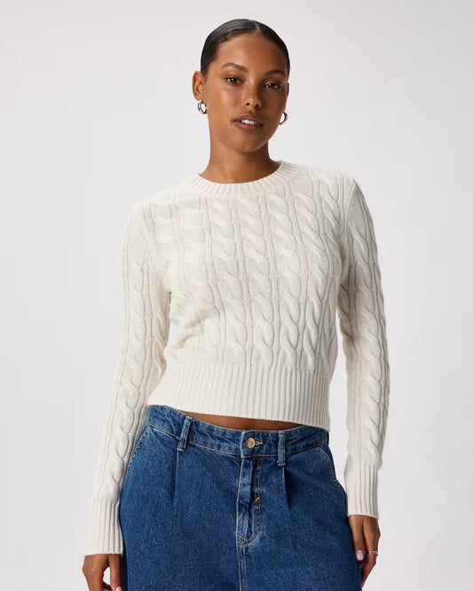 Mongolian Cashmere Shrunken Cable Crewneck Sweater - US 4265