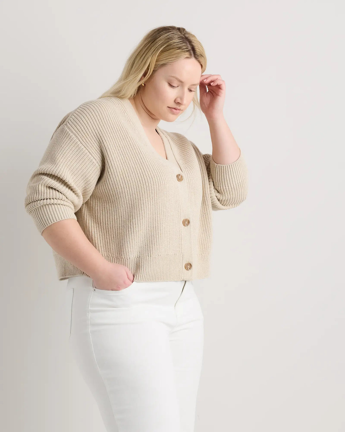 100% Organic Cotton Fisherman Boxy Cropped Cardigan - US 1383