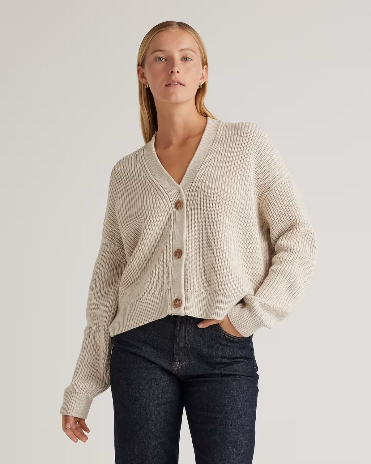 100% Organic Cotton Fisherman Boxy Cropped Cardigan - US 5635