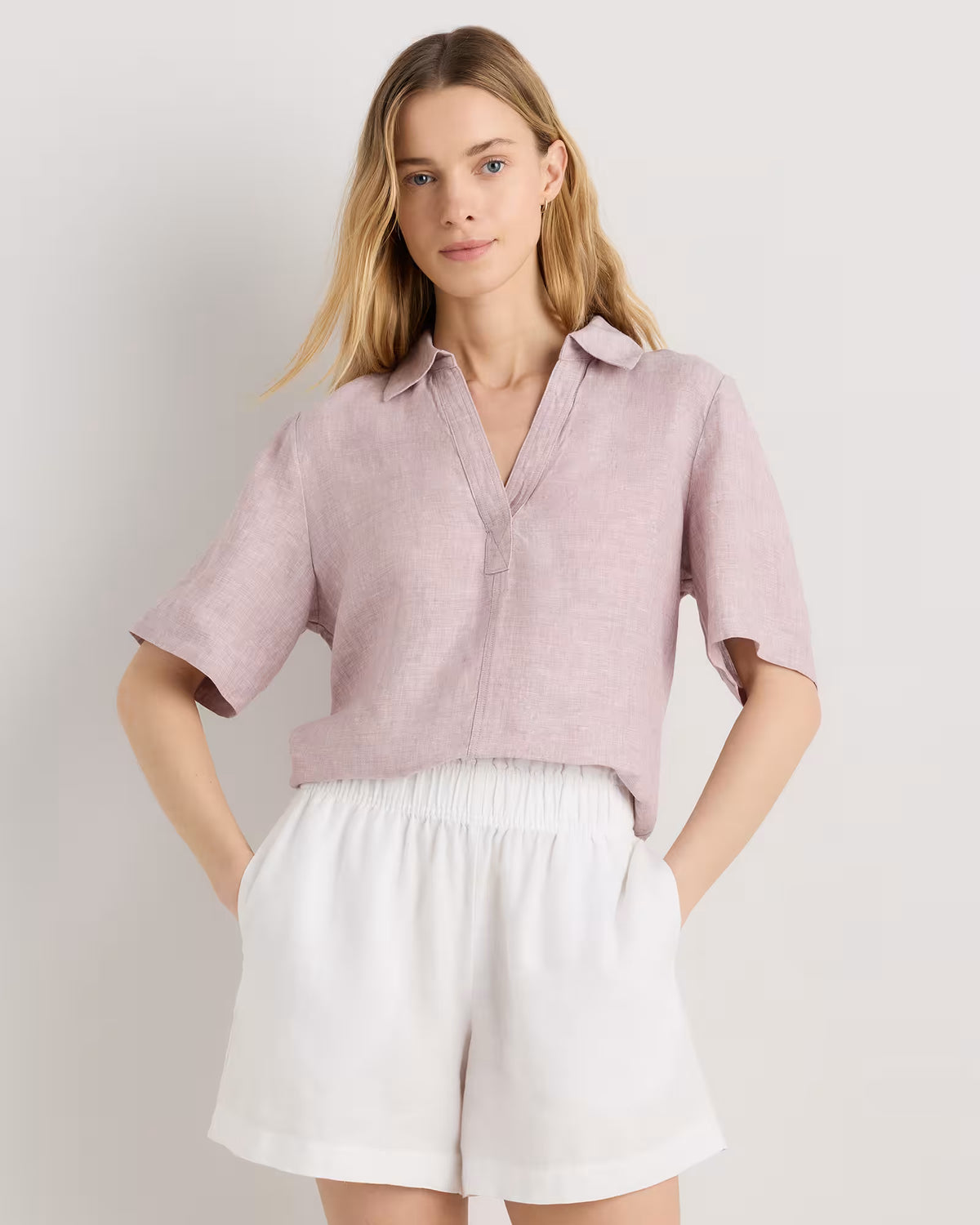 100% European Linen Short Sleeve Popover Top - US 5082
