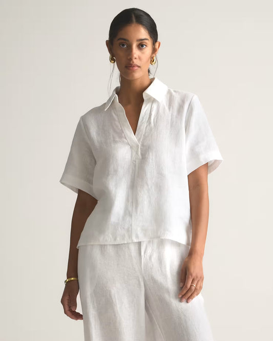 100% European Linen Short Sleeve Popover Top - US 5948