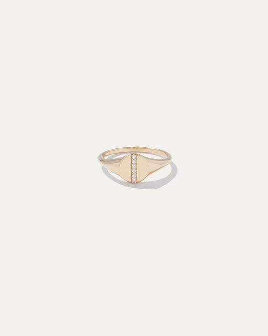 14K Gold Pave Diamond Line Round Signet Ring - US 7257